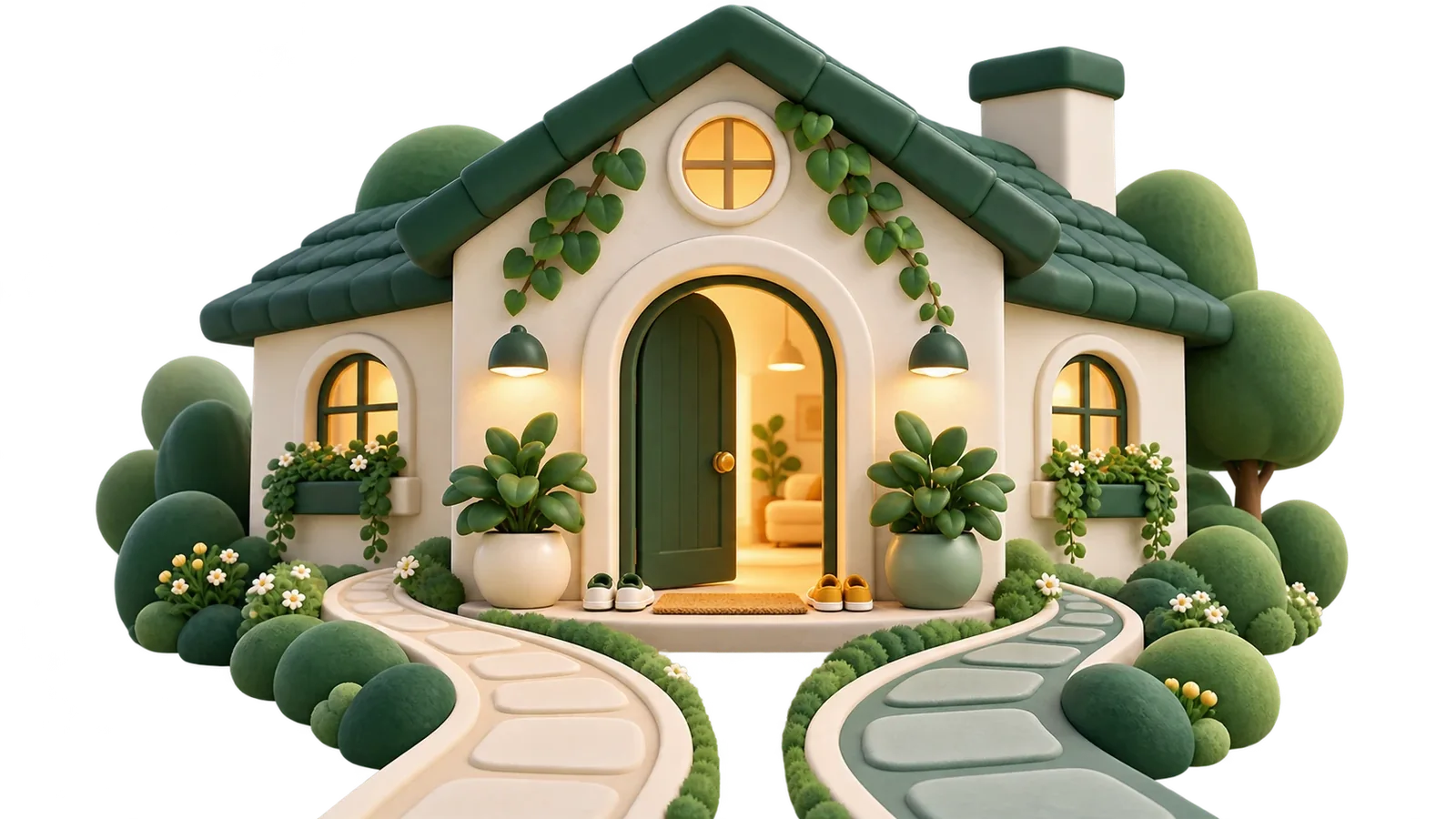Una casa con la puerta abierta y un camino que lleva hasta ella