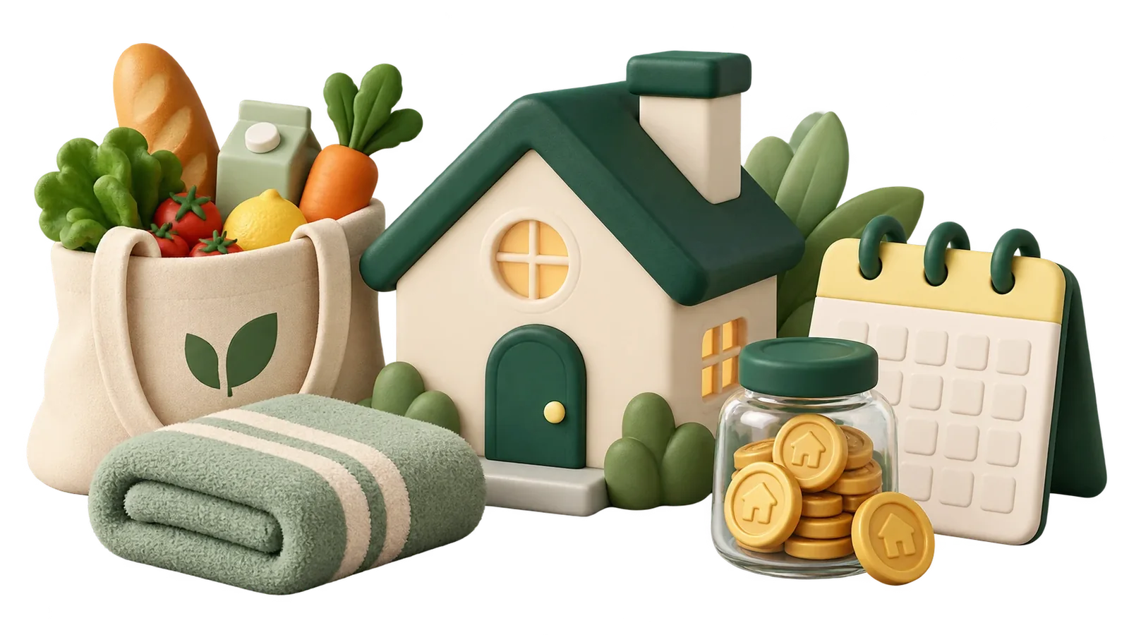 Una bolsa de la compra, una toalla, una casita, un frasco con monedas y un calendario