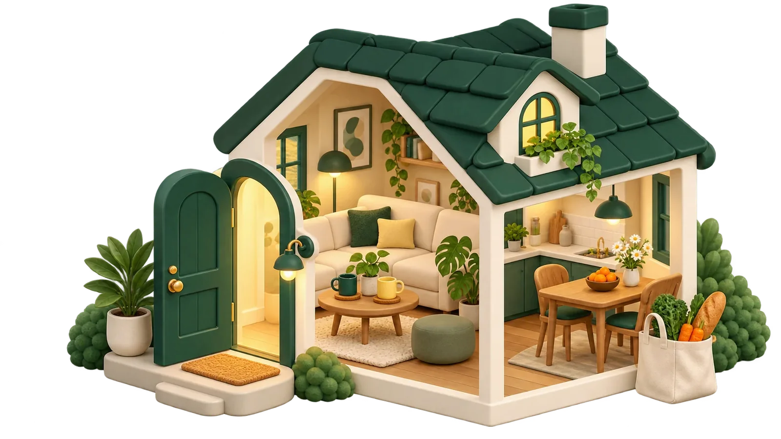 Una casita vista en corte: puerta abierta, sofá, mesa de comedor y plantas